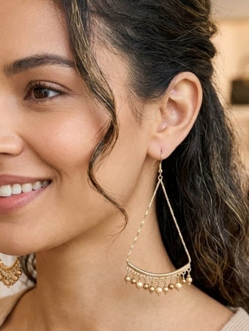 E741 Delicate Gold-Tone Dangle Triangular Hoop Earrings with Bead Charms